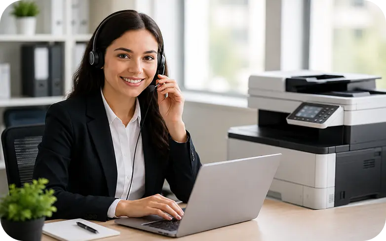 Business printer support specialist on a call