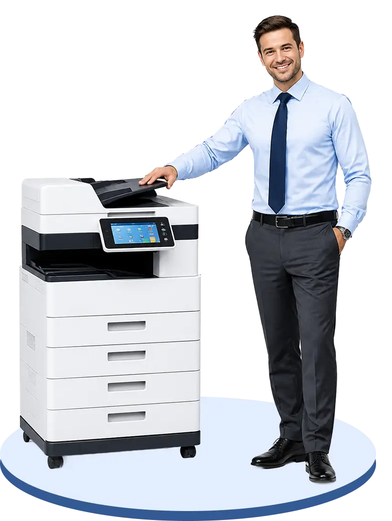 IT technician standing beside a business printer