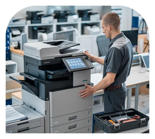 Technician servicing a business printer